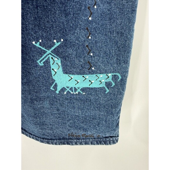 VINTAGE Denim Wrap Skirt Hand Painted by Nina Renee Constellations Stylized Deer - Picture 4 of 11